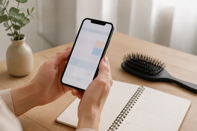 Hände mit Smartphone neben einem Kalender zur Planung einer Terminanfrage