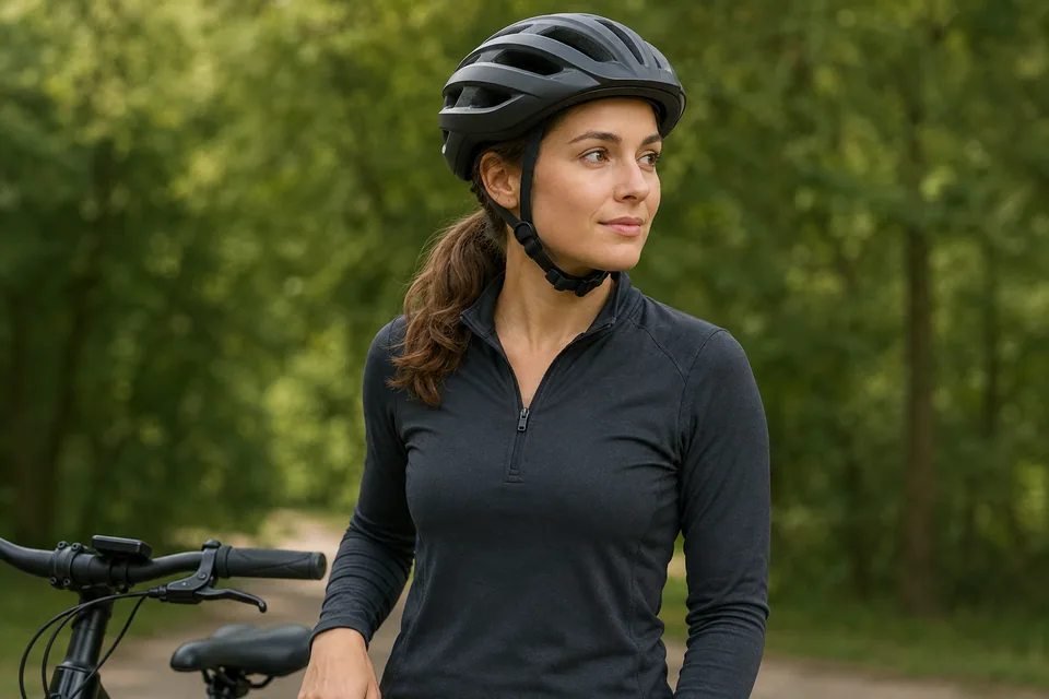 Frau mit korrekt geschlossenem Fahrradhelm und tiefem Zopf neben ihrem Fahrrad
