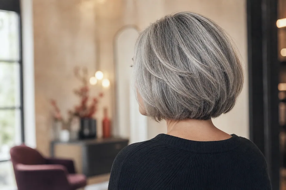 Modern geschnittenes natürlich silbergraues Haar mit sichtbarem Glanz