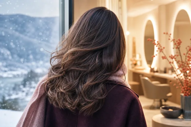 Capelli lucidi e curati con una sciarpa morbida in inverno in Carinzia