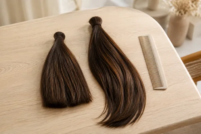 Zwei braune Haarsträhnen unterschiedlicher Länge und Fülle neben einem Kamm