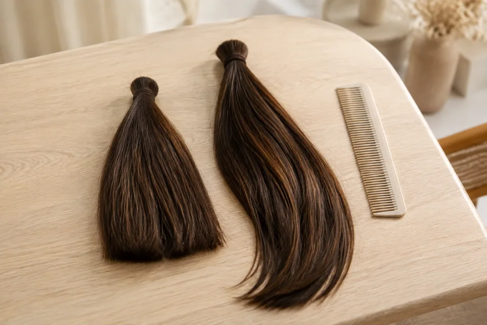 Zwei braune Haarsträhnen unterschiedlicher Länge und Fülle neben einem Kamm