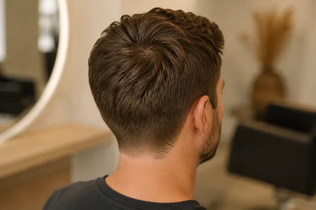 Illustrativer Herrenhaarschnitt mit natürlich verlaufendem Wirbel und abgestimmtem Deckhaar