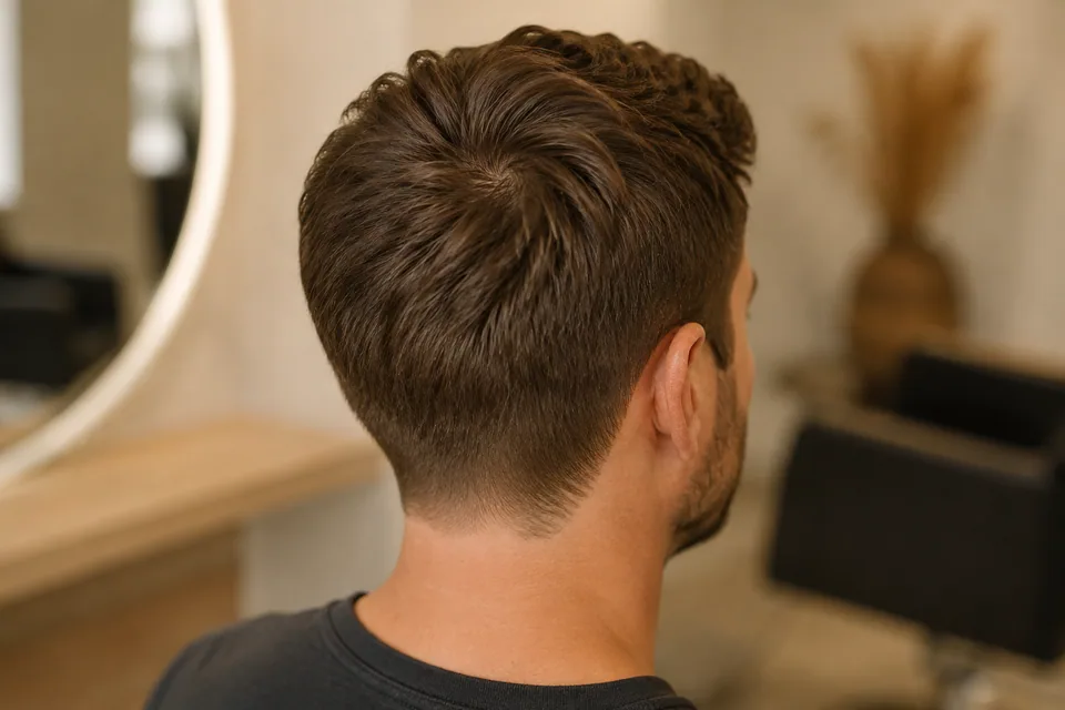 Illustrativer Herrenhaarschnitt mit natürlich verlaufendem Wirbel und abgestimmtem Deckhaar