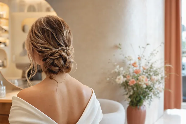 Elegante raccolto da sposa morbido con accessori discreti