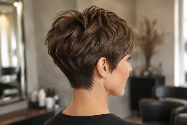 Illustrative Pixie-Frisur mit weicher Seitenkontur und beweglichem Deckhaar