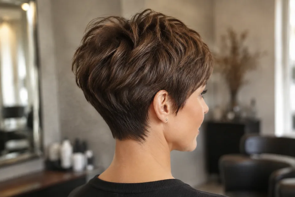 Illustrative Pixie-Frisur mit weicher Seitenkontur und beweglichem Deckhaar